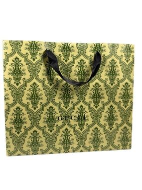 Gucci | Green Damask Pattern Tote Bag with Black Ribbon Handles